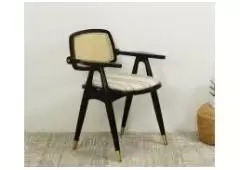 Buy Adira Teak Wood Arm Chair with Cane (Cream stripe, Black Finish) Online 