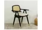 Buy Adira Teak Wood Arm Chair with Cane (Cream stripe, Black Finish) Online 